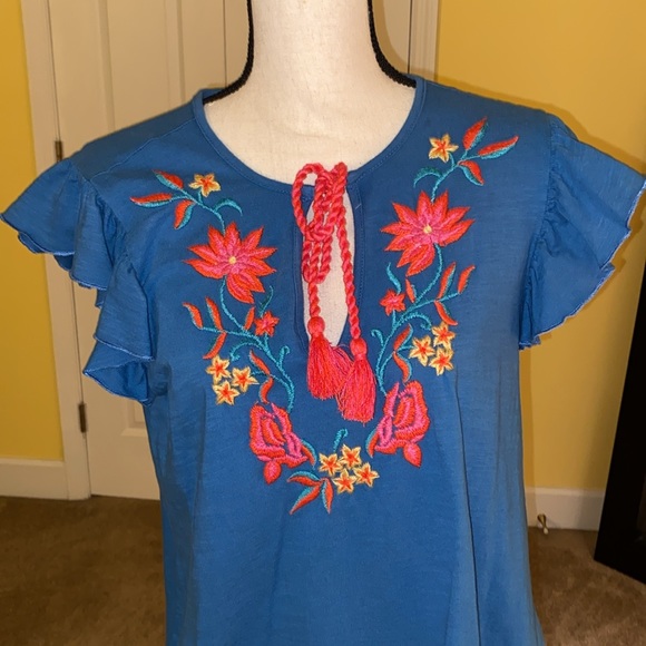 “Keep In Touch” small Ruffle Sleeve turquoise top - Picture 1 of 9